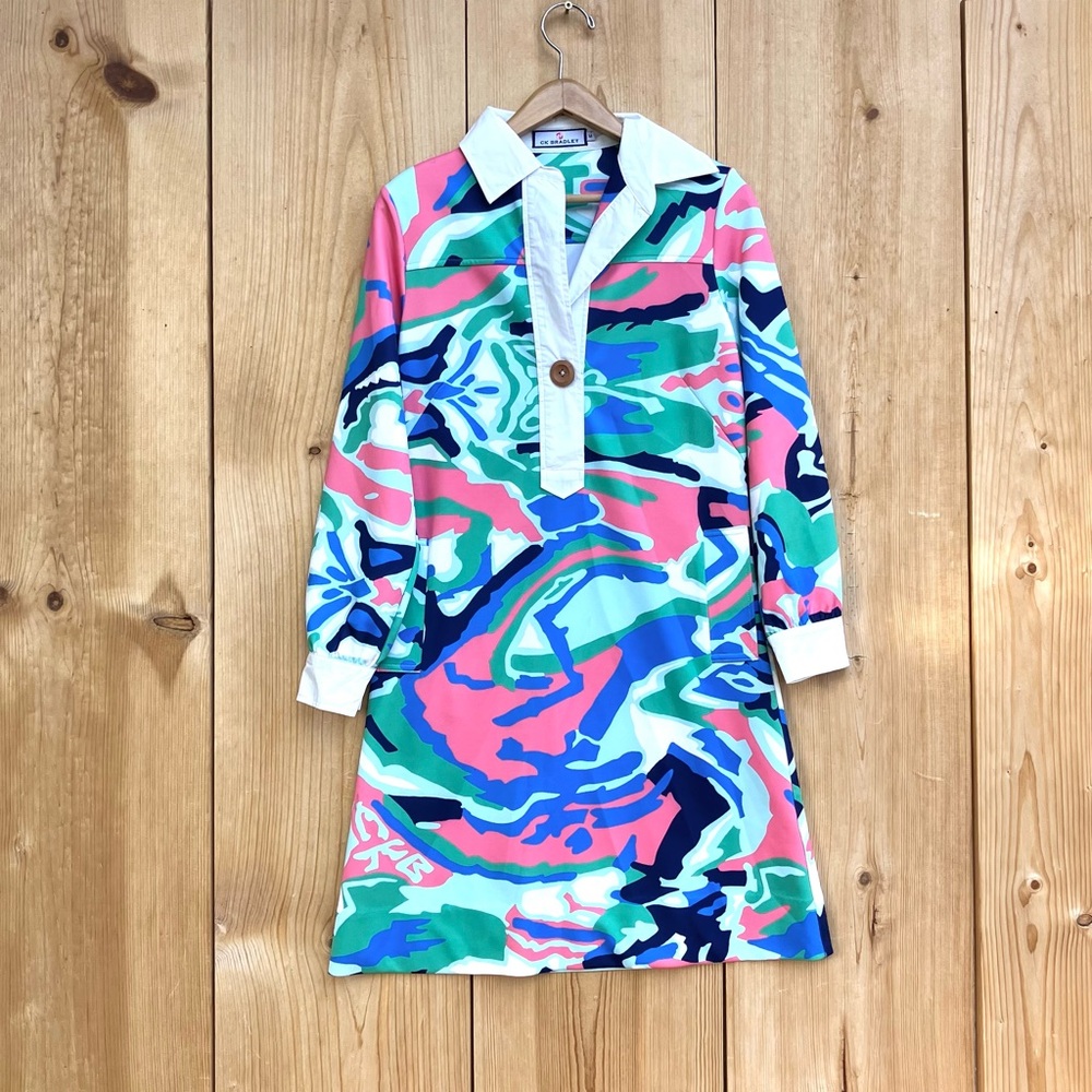 Colorful Swirl Long Sleeve Dress with Contrast Collar